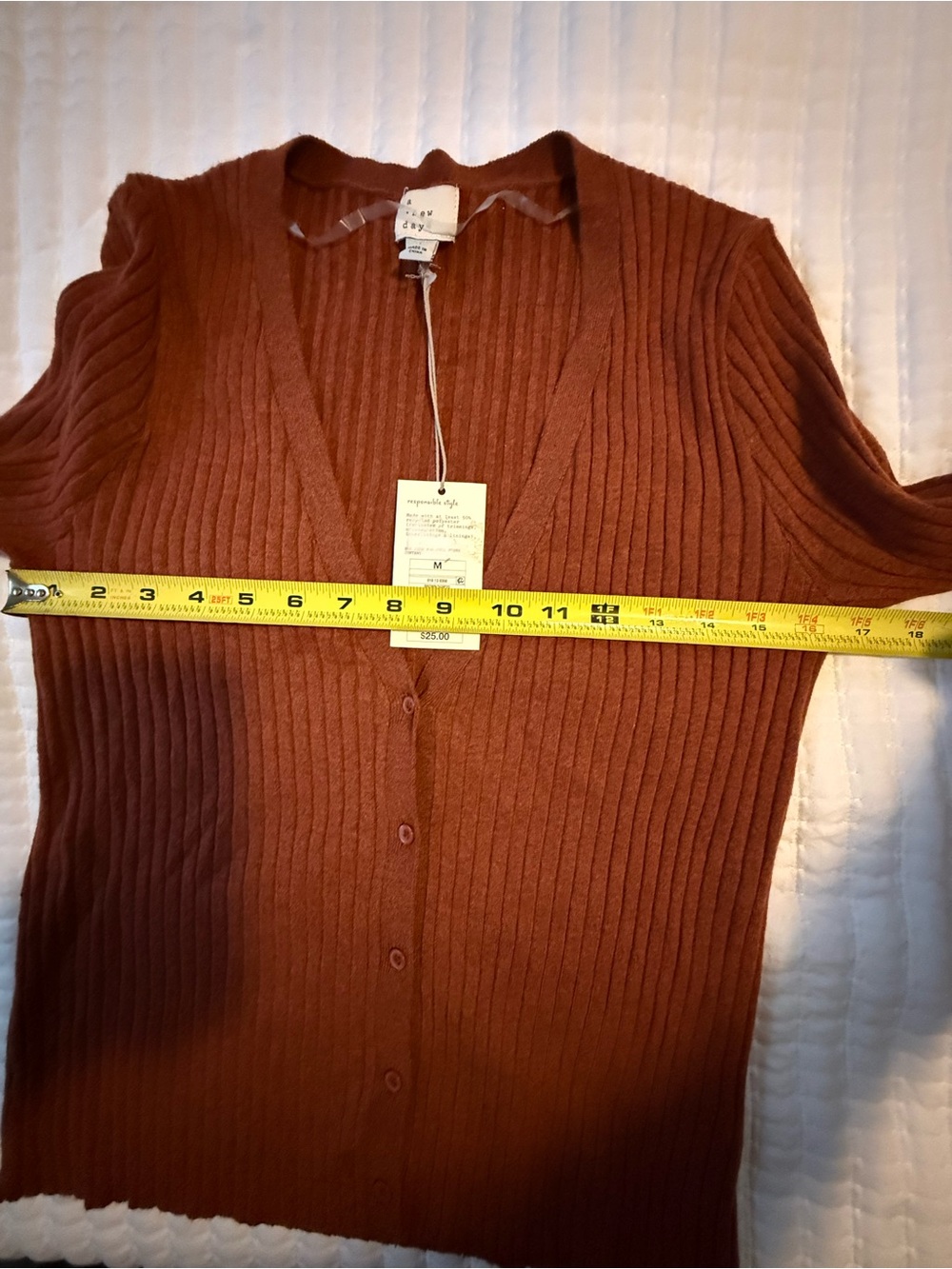 Women's Fine Gauge Ribbed Cardigan - A New Day™ Brown Size Med - Picture 6 of 9